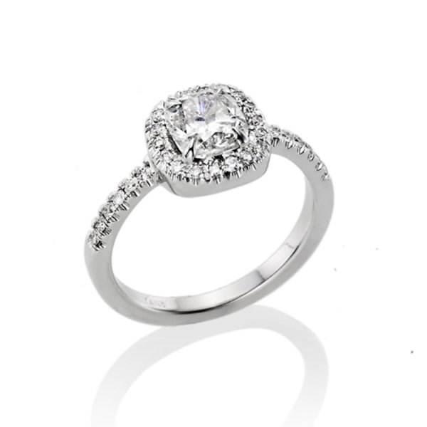 טבעת יהלום קושן 1 קראט | הילה - קלאסי | זהב לבן - תמונה ראשית