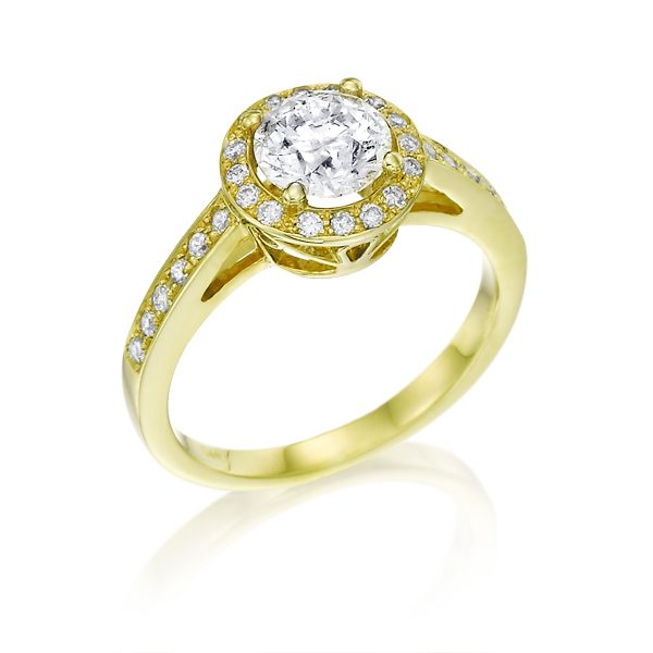 טבעת יהלום עגול 1 קראט | הילה - עיטורים | זהב צהוב - תמונה ראשית