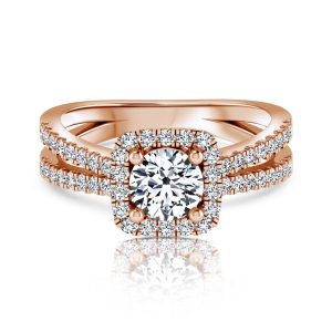 טבעת יהלום עגול 1 קראט | הילה- ספליט | זהב ורוד - מבט על