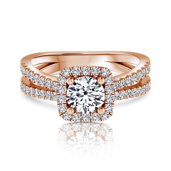 טבעת יהלום עגול 1 קראט | הילה- ספליט | זהב ורוד - מבט על