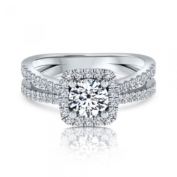 טבעת יהלום עגול 1 קראט | הילה- ספליט | זהב לבן - מבט על