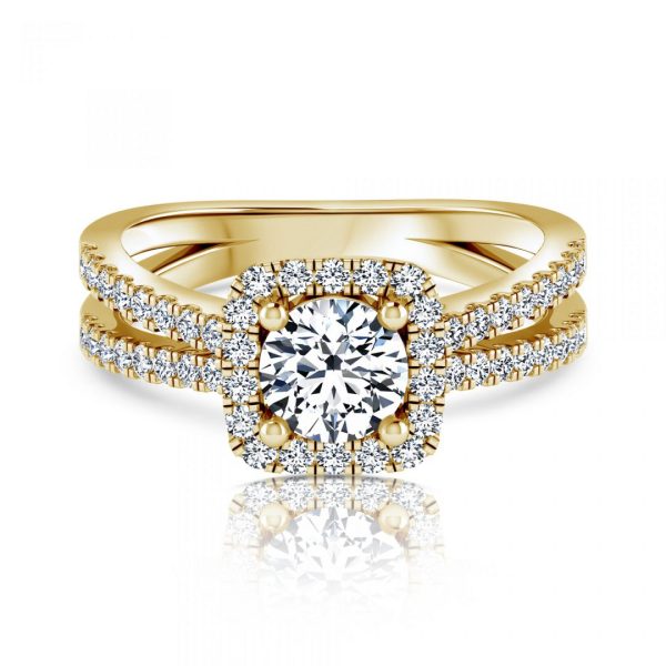 טבעת יהלום עגול 1 קראט | הילה- ספליט | זהב צהוב - מבט על